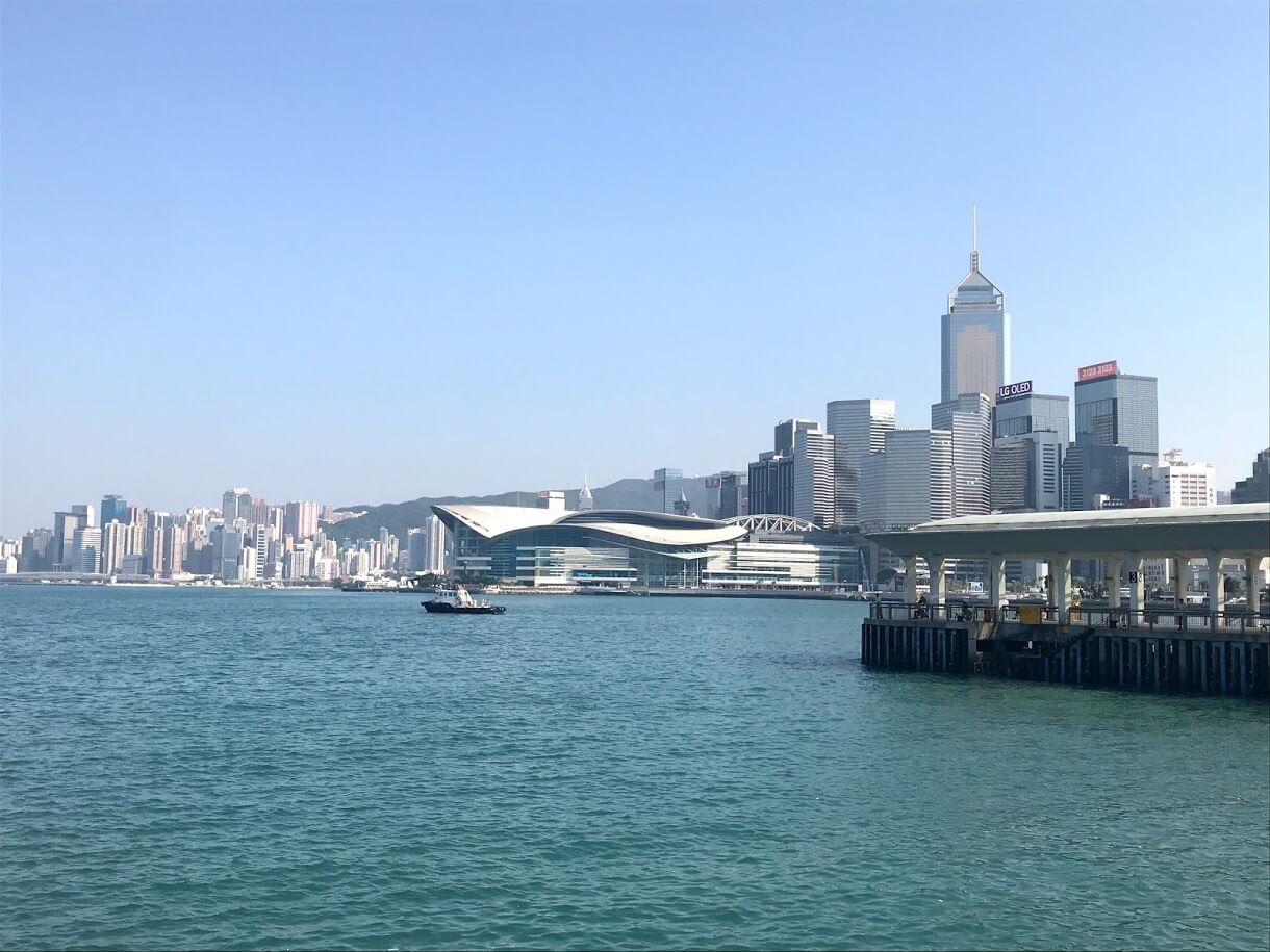 The view of the HKCEC from the other side of the river
